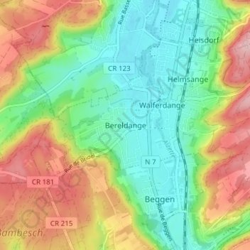 Bereldange topographic map, elevation, terrain