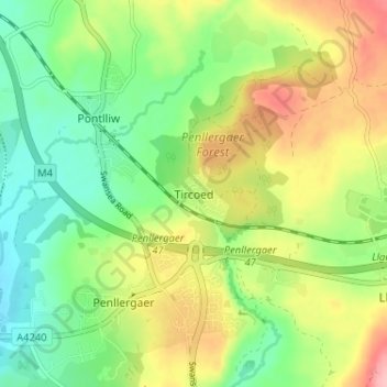 Tircoed topographic map, elevation, terrain