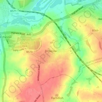 Irchester topographic map, elevation, terrain