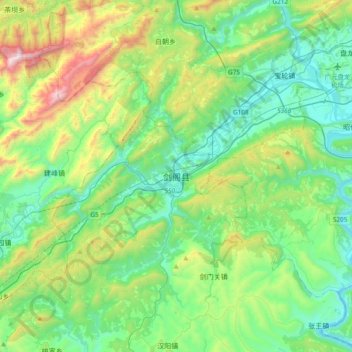 Jiange County topographic map, elevation, terrain