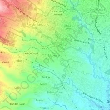 Mulyorejo topographic map, elevation, terrain