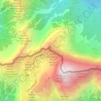 Mangart Saddle topographic map, elevation, terrain