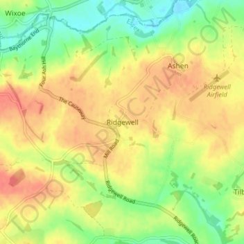 Ridgewell topographic map, elevation, terrain