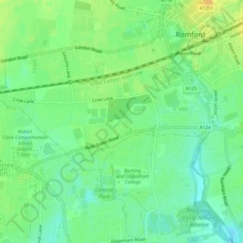 Rush Green topographic map, elevation, terrain