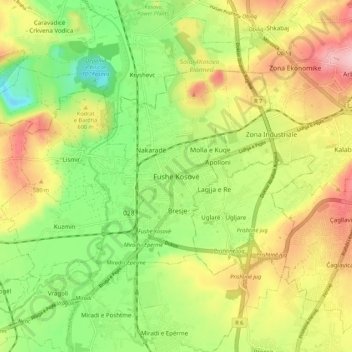 Fushë Kosovë topographic map, elevation, terrain