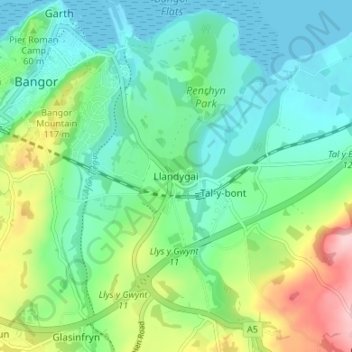 Llandygai topographic map, elevation, terrain