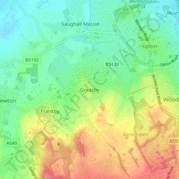 Greasby topographic map, elevation, terrain