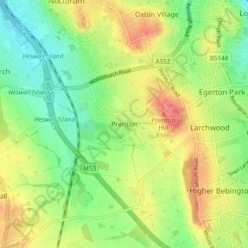 Prenton topographic map, elevation, terrain