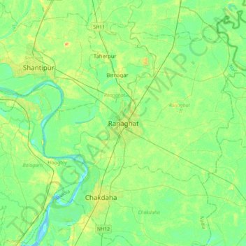 Ranaghat topographic map, elevation, terrain