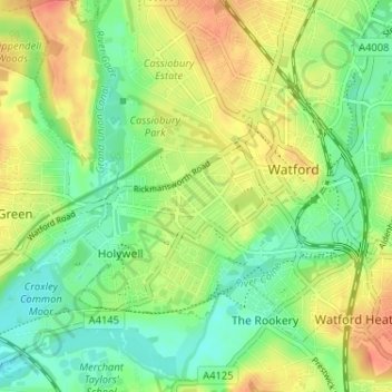 West Watford topographic map, elevation, terrain
