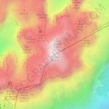 Piz Boè topographic map, elevation, terrain