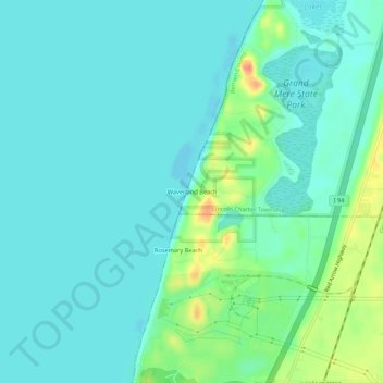 Waverland Beach topographic map, elevation, terrain