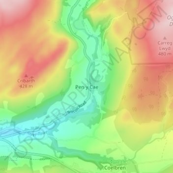 Pen y Cae topographic map, elevation, terrain