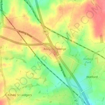Watford Gap topographic map, elevation, terrain