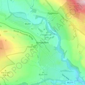 Romaldkirk topographic map, elevation, terrain