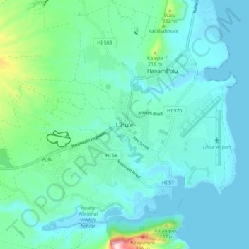 Lihue topographic map, elevation, terrain