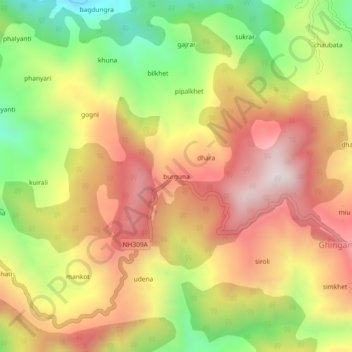 burguna topographic map, elevation, terrain