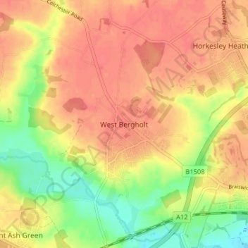 West Bergholt topographic map, elevation, terrain