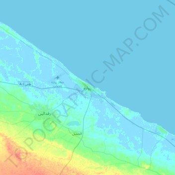 Zuara topographic map, elevation, terrain