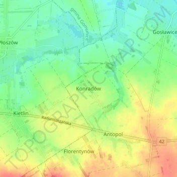 Konradów topographic map, elevation, terrain