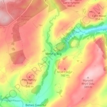 Melin y wig topographic map, elevation, terrain