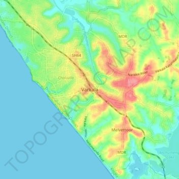 Varkala topographic map, elevation, terrain