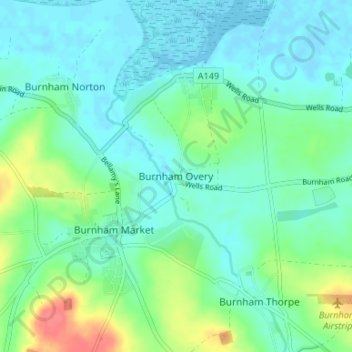 Burnham Overy topographic map, elevation, terrain