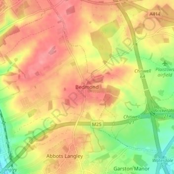 Bedmond topographic map, elevation, terrain