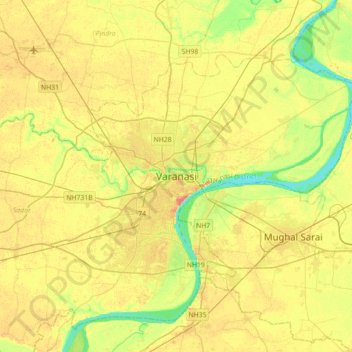 Varanasi topographic map, elevation, terrain