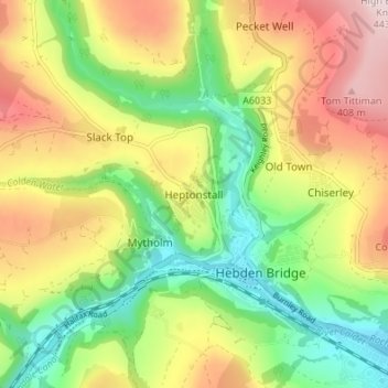 Heptonstall topographic map, elevation, terrain