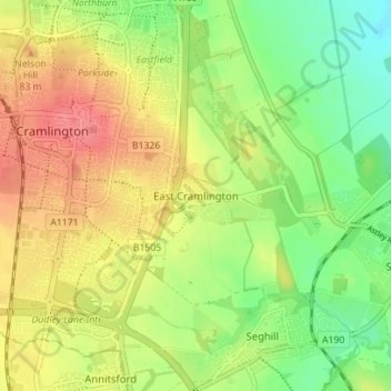 East Cramlington topographic map, elevation, terrain