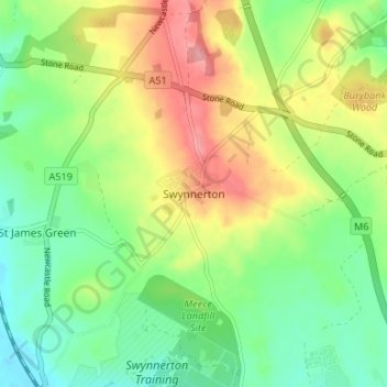 Swynnerton topographic map, elevation, terrain