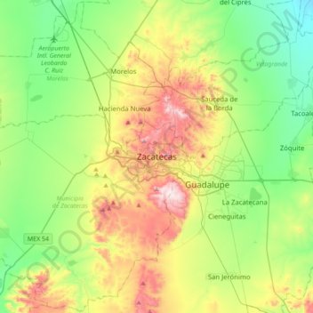 Zacatecas City topographic map, elevation, terrain