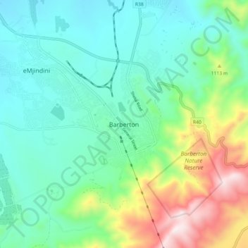 Barberton topographic map, elevation, terrain