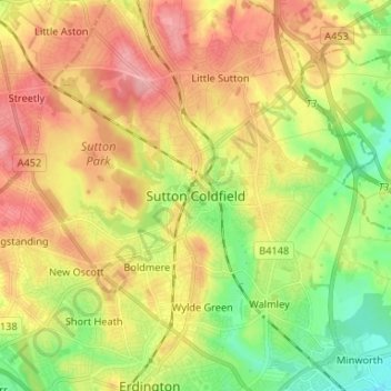 Sutton Coldfield topographic map, elevation, terrain