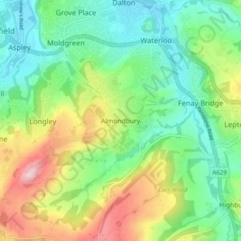Almondbury topographic map, elevation, terrain