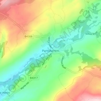 Pontyberem topographic map, elevation, terrain