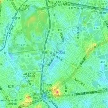 Harajuku topographic map, elevation, terrain