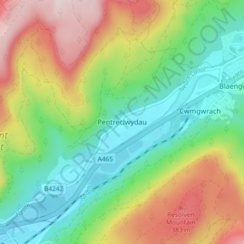 Pentreclwydau topographic map, elevation, terrain