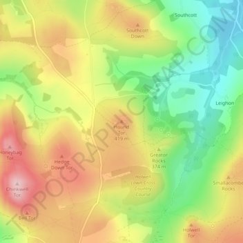 Hound Tor topographic map, elevation, terrain