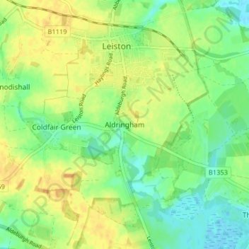 Aldringham topographic map, elevation, terrain