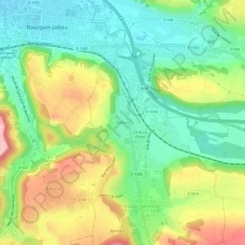 Ruffieu topographic map, elevation, terrain