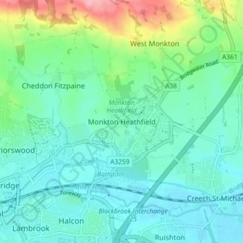 Monkton Heathfield topographic map, elevation, terrain