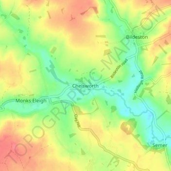 Chelsworth topographic map, elevation, terrain