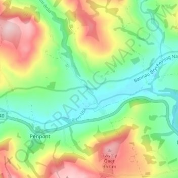 Aberbran topographic map, elevation, terrain