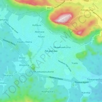 Nkawkaw topographic map, elevation, terrain