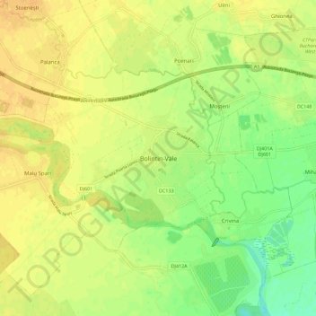 Bolintin-Vale topographic map, elevation, terrain