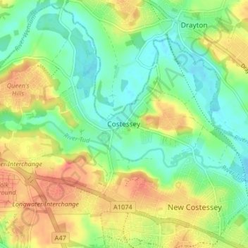 Costessey topographic map, elevation, terrain