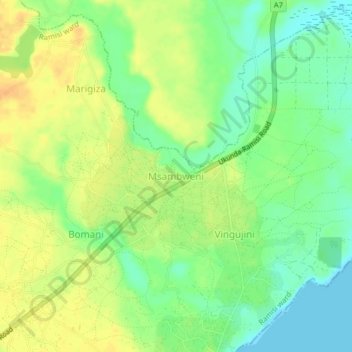 Msambweni topographic map, elevation, terrain
