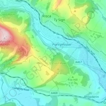 Ochrwyth topographic map, elevation, terrain